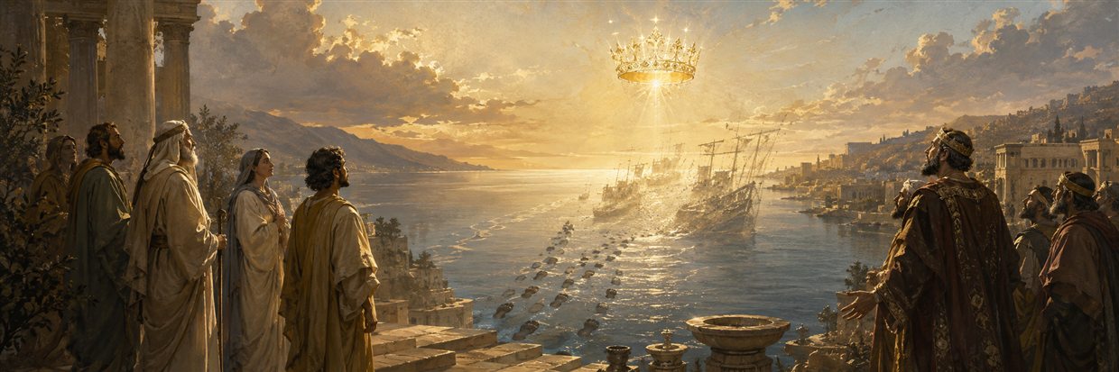 Faithful people stand in radiant calm while astonished rulers watch fleeting tracks disappear across water and sky